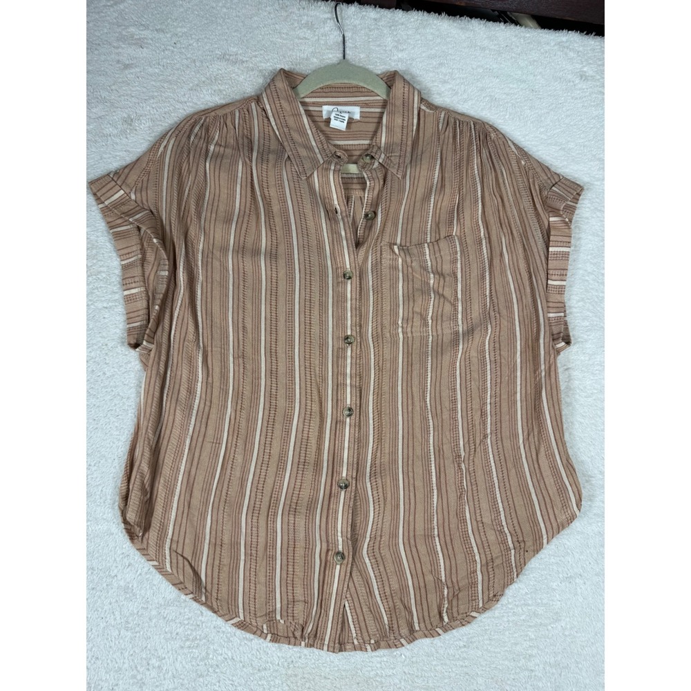 Japna Button Down Shirt Womens L Tan Striped Rayon Short Sleeve Coastal Boho Top